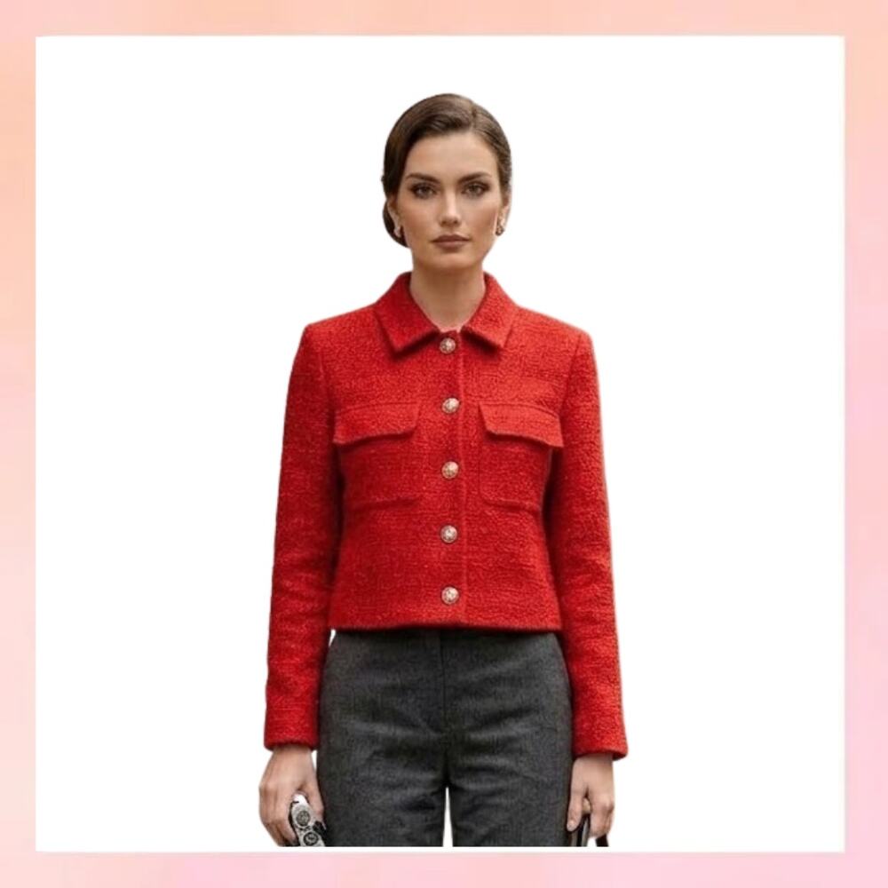 RACHEL ZOE Red Tweed Button Front Cropped Jacket Size M